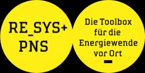 two yellow circles on black background, touching each other. Text in left circle: "RE_SYS+PNS", Text in right circle "Die Toolbox für die Energiewende vor Ort"
